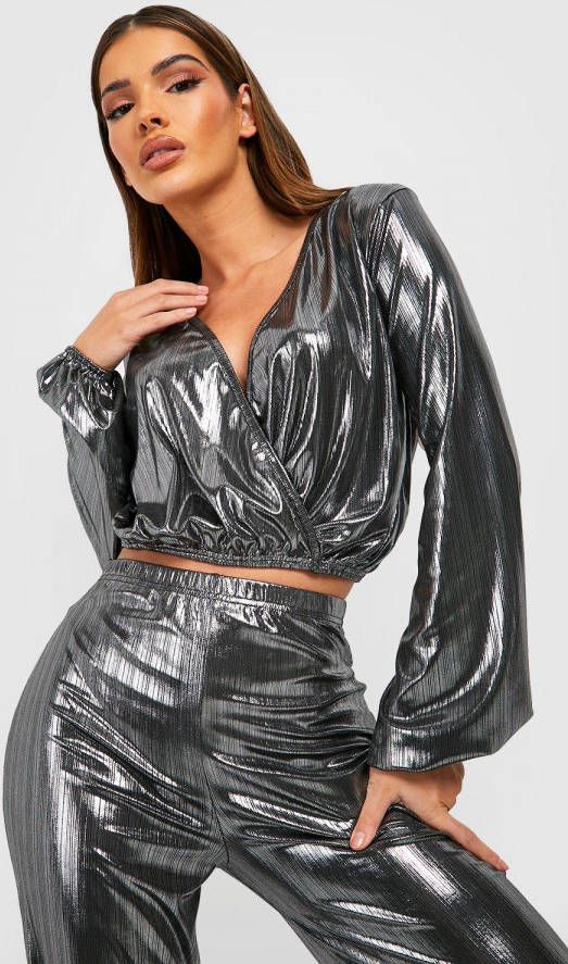 boohoo Metallic Wikkeltop, Silver