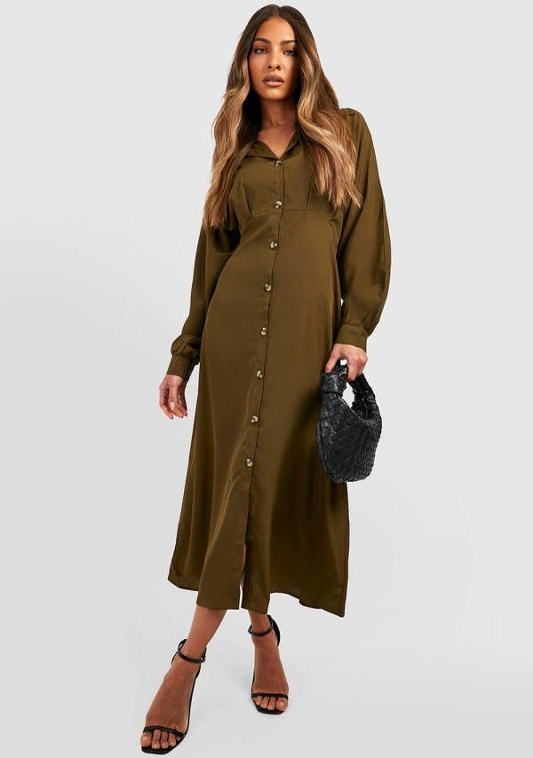 boohoo Midaxi Blouse Jurk Met Vleermuismouwen, Khaki