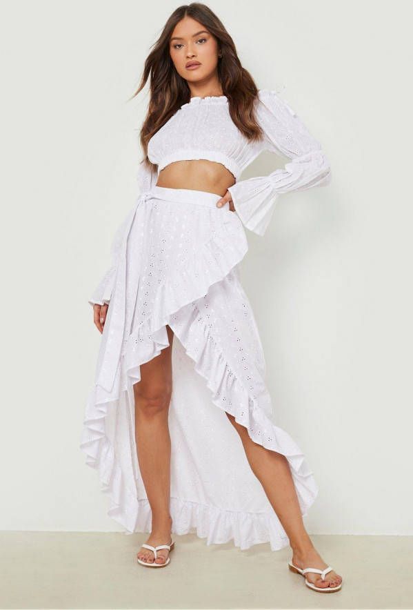 boohoo Midaxi Wikkel Rok Met Ceintuur En Geplooide Zoom, White