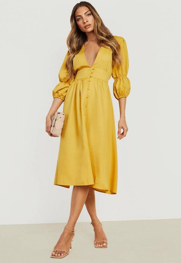 boohoo Midi Jurk Met Geplooide Mouwen En Knopen, Mustard