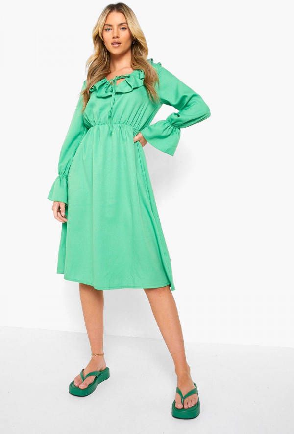 boohoo Midi Skater Jurk Met Geplooide Hals, Green