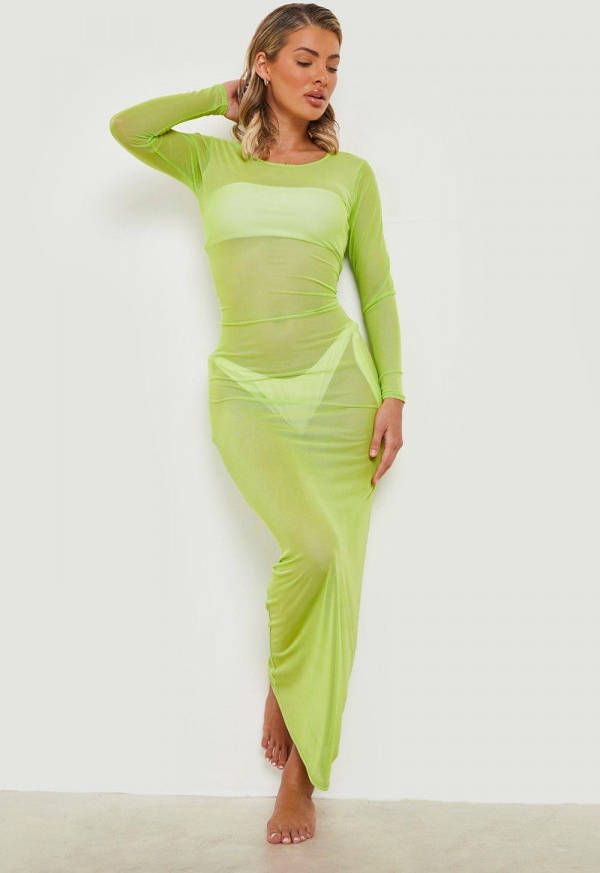 boohoo Neon Mesh Maxi Strand Jurk, Neon Yellow
