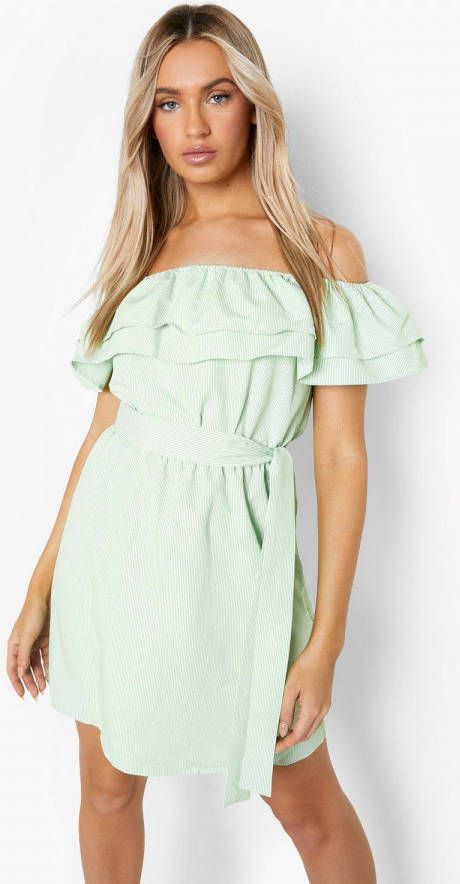boohoo Off Shoulder Mini Skater Jurk Met Krijtstrepen En Franjes, Green
