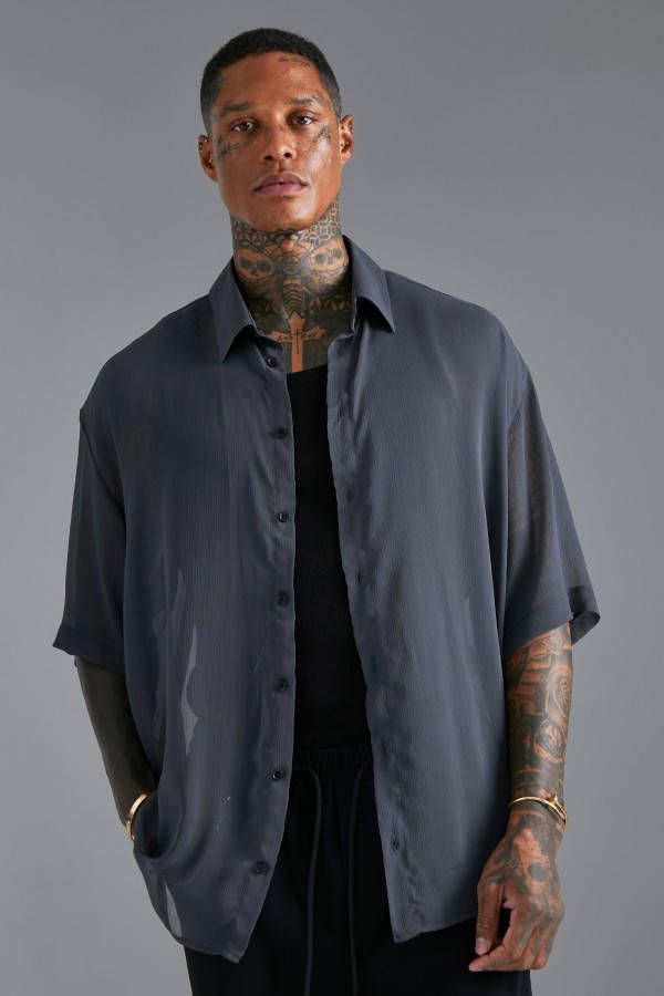 boohoo Oversized Boxy Chiffon Overhemd, Dark Grey