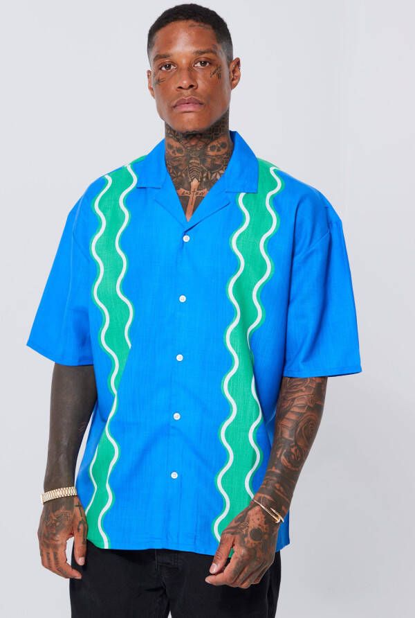 boohoo Oversized Boxy Overhemd Met Golvende Print, Cobalt