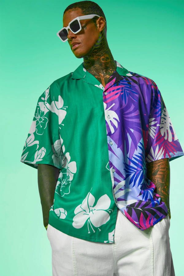 boohoo Oversized Boxy Palm Print Slub Overhemd Met Revers Kraag, Multi