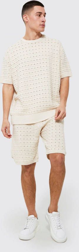 boohoo Oversized Gebreid T Shirt En Shorts Set, Cream