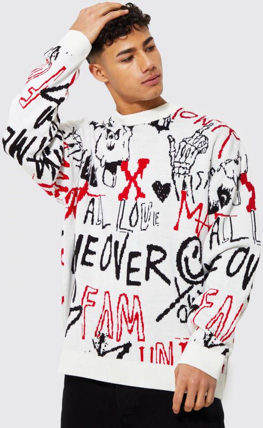 boohoo Oversized Gebreide Graffiti Trui, White