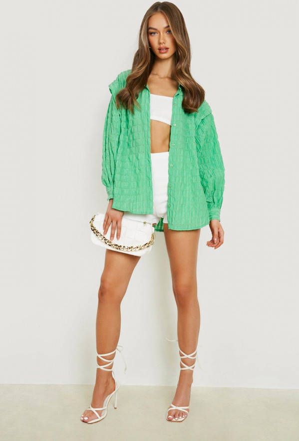 boohoo Oversized Gekreukelde Blouse Met Textuur, Green