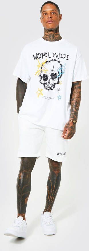 boohoo Oversized Schedel Graffiti T Shirt En Shorts Set, White