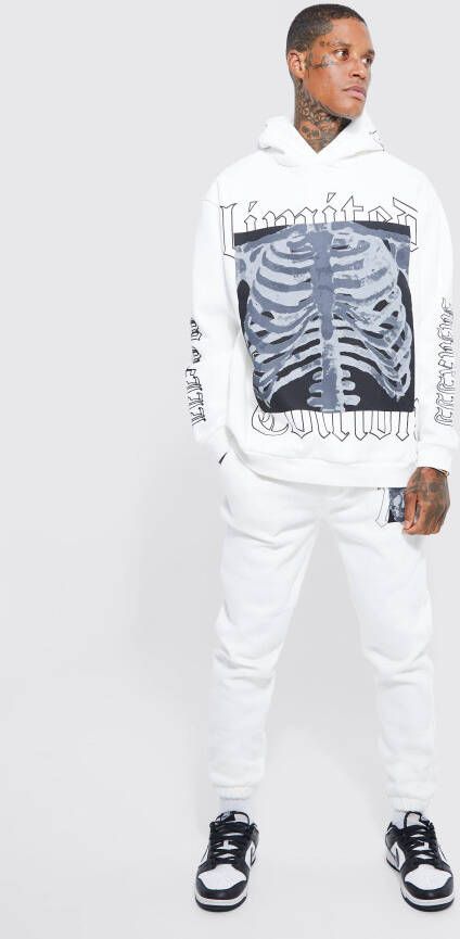 boohoo Oversized Skelet Trainingspak Met Capuchon En Print, Ecru