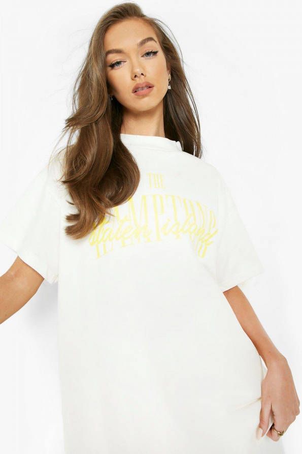 boohoo Oversized T Shirt Met Brede Nek En Opdruk, Ecru