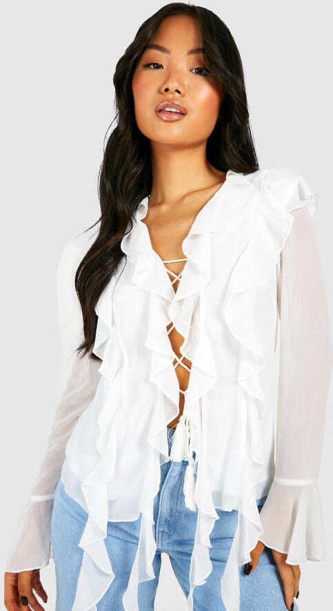 boohoo Petite Chiffon Boho Blouse Met Ruches, White