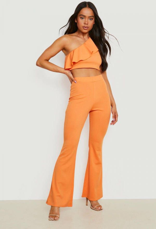 boohoo Petite Crop Top Met Franjes En Flared Broek Set, Orange