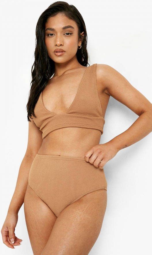 boohoo Petite Gekreukeld Bikini Broekje Met Hoge Taille, Chocolate