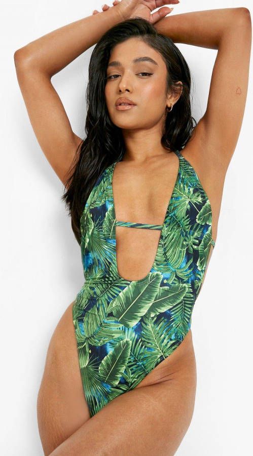 boohoo Petite Gerecycled Tropicana Badpak Met Bandjes, Green