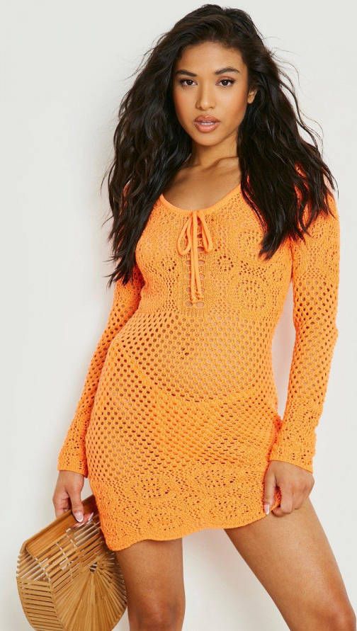 boohoo Petite Gerecyclede Gehaakte Mini Jurk Met Strik, Orange