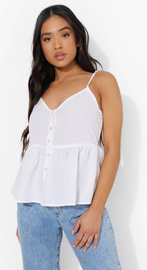 boohoo Petite Geweven Peplum Hemdje Met Knoop Detail, White