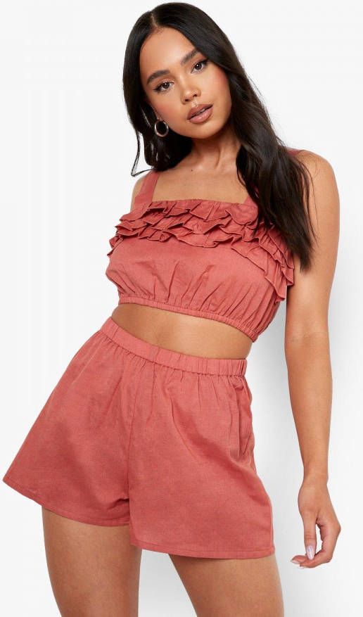 boohoo Petite Linnen Met Ruches En Shorts Set, Terracotta