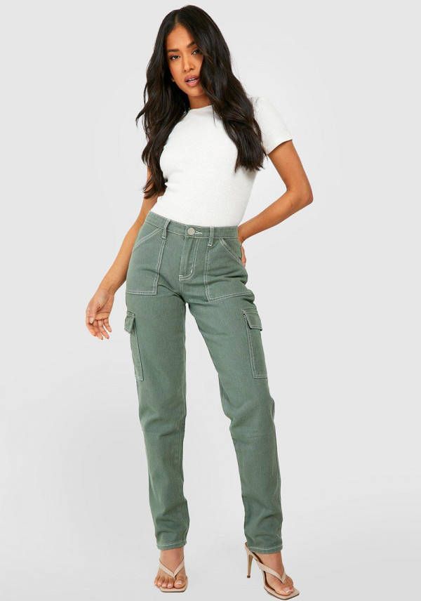boohoo Petite Mid Rise Cargo Jeans Met Contrasterende Stiksels, Khaki