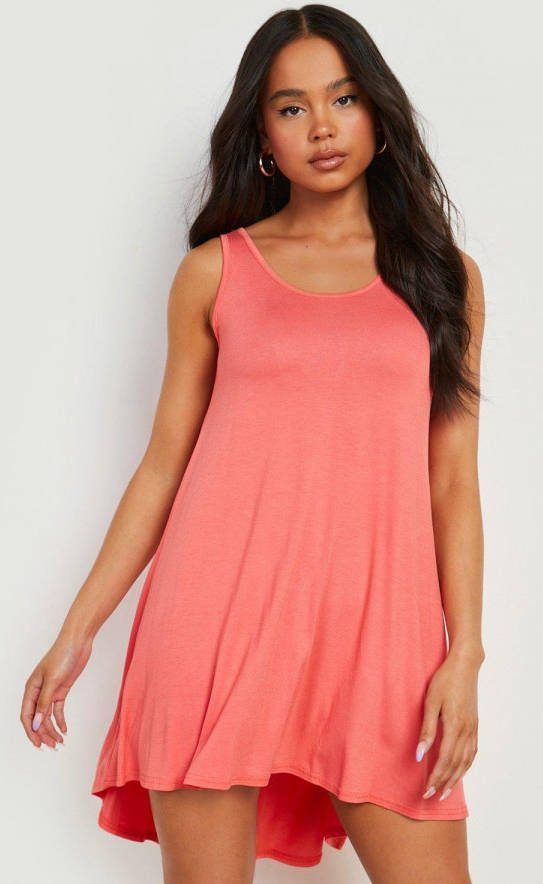 boohoo Petite Strand Jurk Met Lage Ronde Hals, Coral