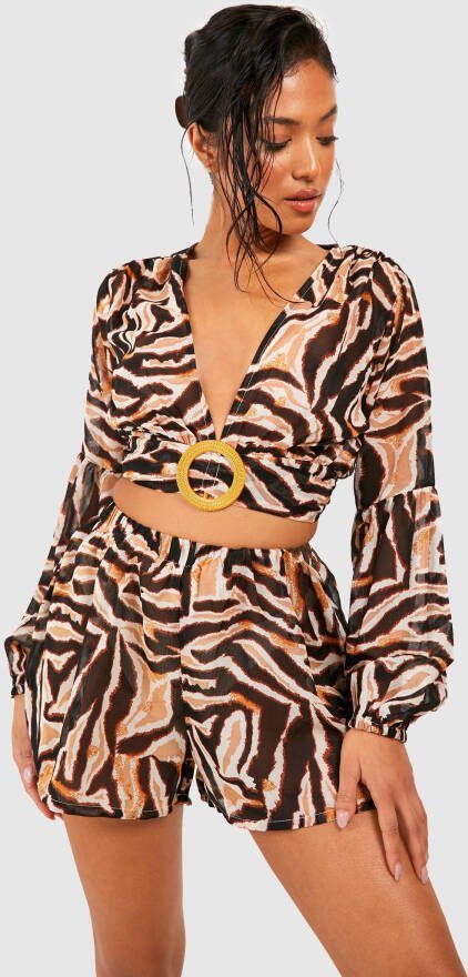 boohoo Petite Tijgerprint Top Met Gesp En Shorts Set, Brown
