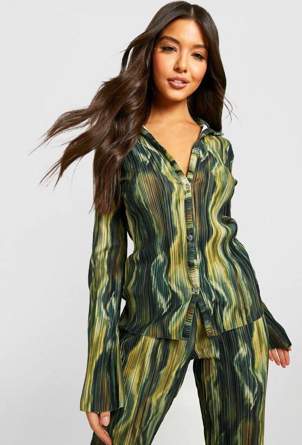 boohoo Plisse Blouse Met Abstracte Print En Wijde Mouwen, Green