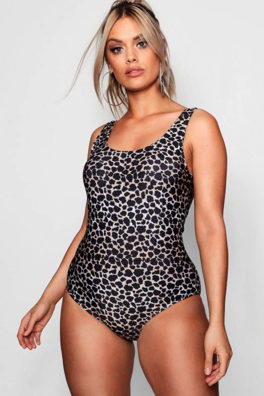 boohoo Plus Dierenprint Badpak Met Lage Ronde Rug, Geelbruin