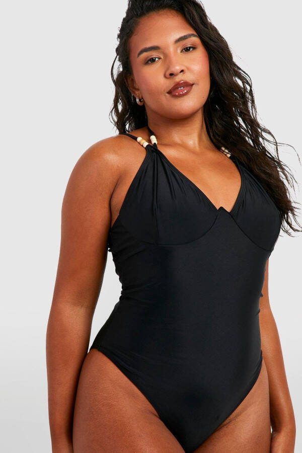 boohoo Plus Badpak Met Bandjes, Houten Kralen En Beugel, Black