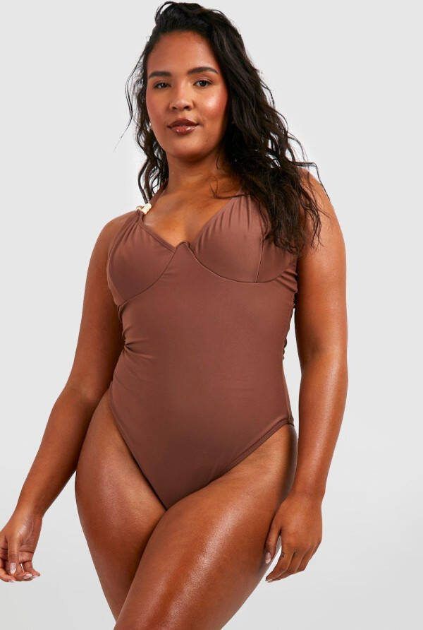 boohoo Plus Badpak Met Bandjes, Houten Kralen En Beugel, Chocolate