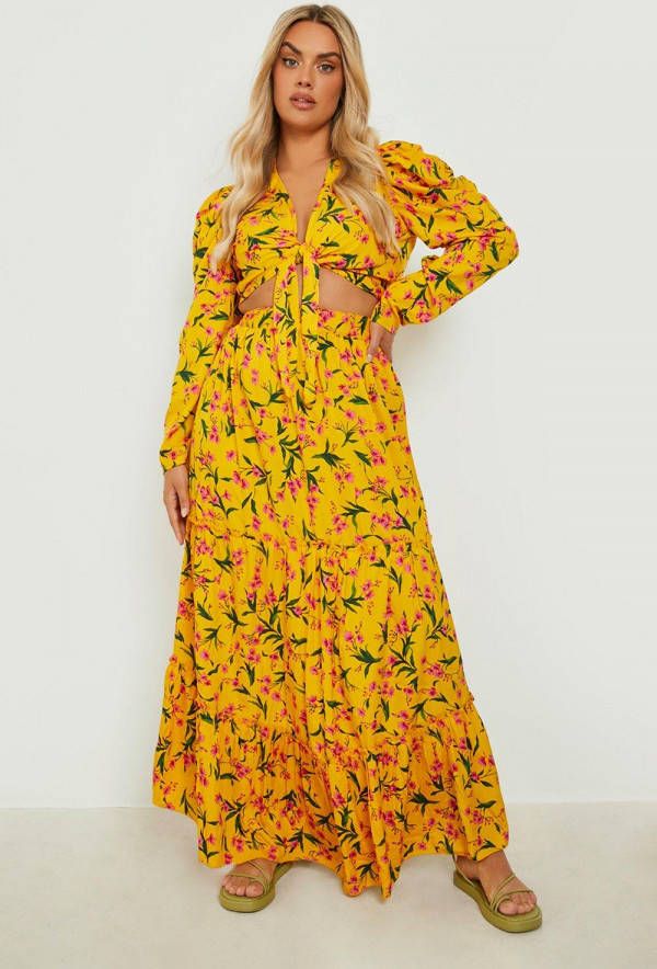 boohoo Plus Bloemen Top Met Pofmouwen En Maxi Rok Set, Yellow