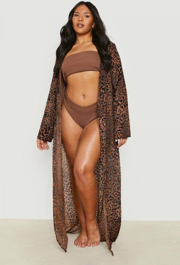 boohoo Plus Burnout Luipaardprint Maxi Strand Kimono, Brown