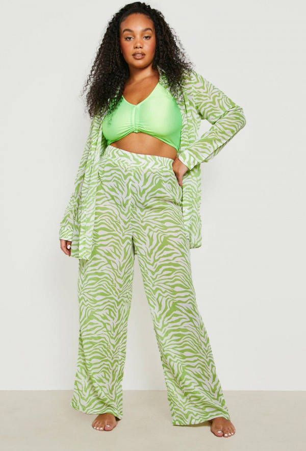 boohoo Plus Chiffon Zebraprint Strand Broek, Lime