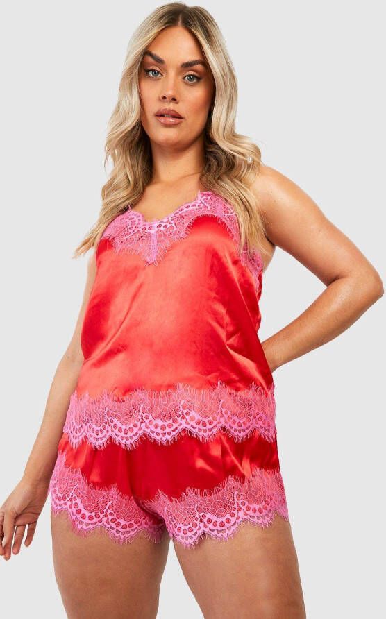 boohoo Plus Contrasterend Hemdje Met Kanten Zoom En Shorts, Red