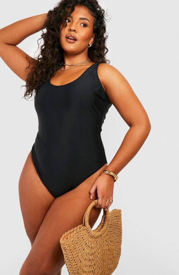 boohoo Plus Corrigerend Badpak Met Lage Ronde Hals, Black