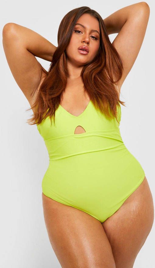 boohoo Plus Corrigerend Neon Sleutelgat Badpak, Neon Lime