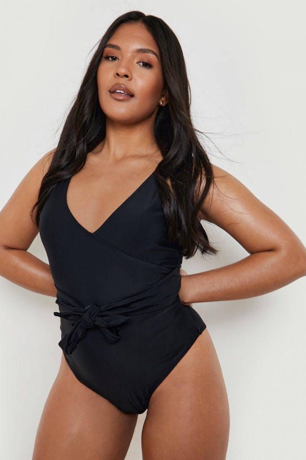 boohoo Plus Corrigerend Wikkel Badpak Met Ceintuur, Black