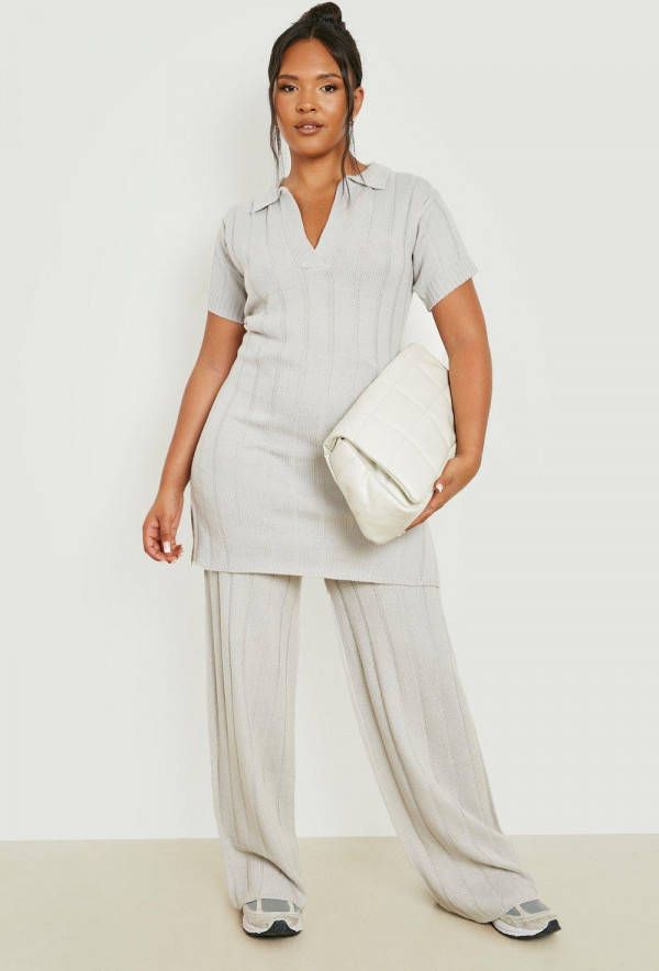 boohoo Plus Gebreide Long Line Top En Broek Set, Silver