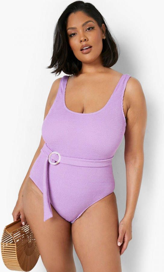 boohoo Plus Gekreukeld Badpak Met Ceintuur, Purple