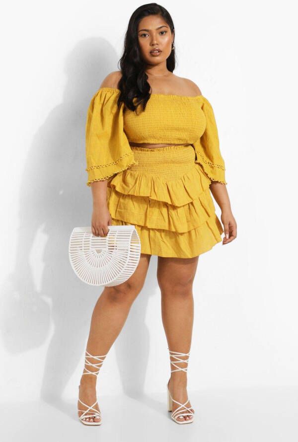 boohoo Plus Geplooid Mini Rokje Set, Mustard
