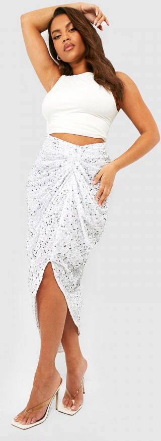 boohoo Plus Geplooide Glitter Midi Rok Met Pailletten En Voor En Achteropdruk, Silver