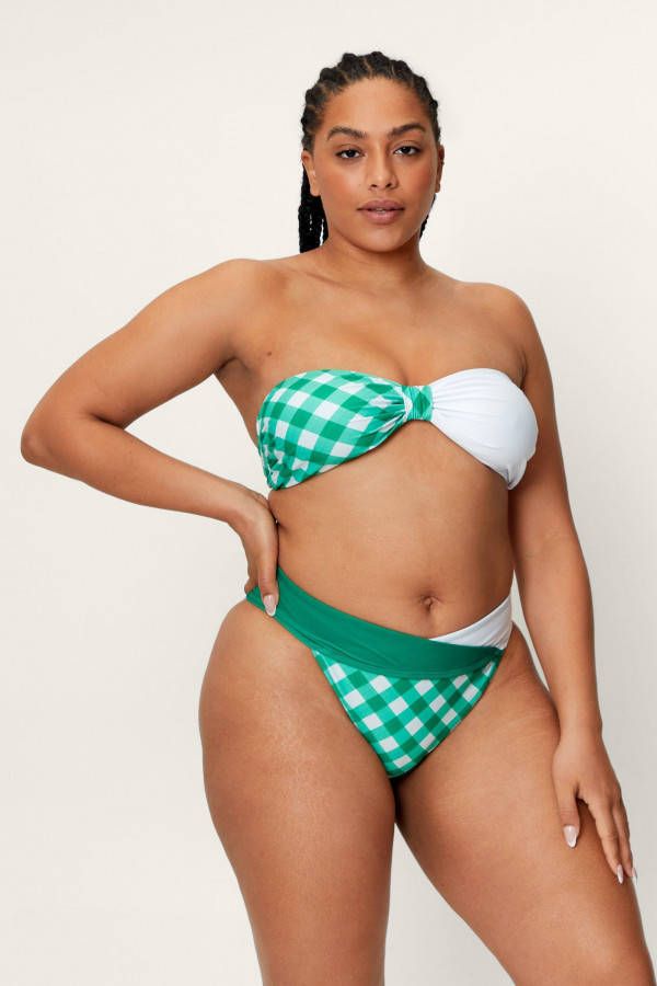 boohoo Plus Gerecyclede Geruite Color Block Bikini Set, Green