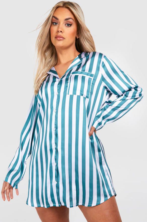 boohoo Plus Gestreepte Satijnen Pyjama Blouse, Green