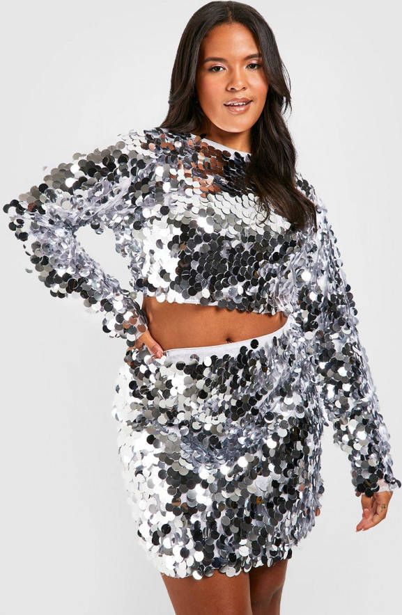 boohoo Plus Glitter Disco Set Met Rok En Pailletten, Silver