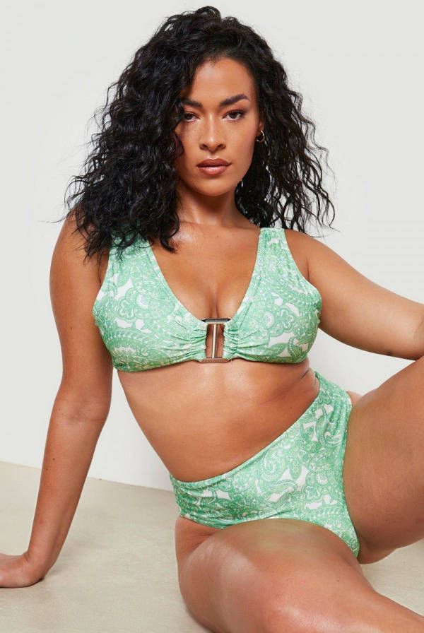 boohoo Plus High Waist Paisley Bikini Broekje, Green