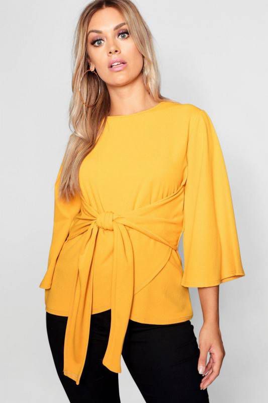 boohoo Plus Top Met Ceintuur En Kimonomouwen, Mosterd