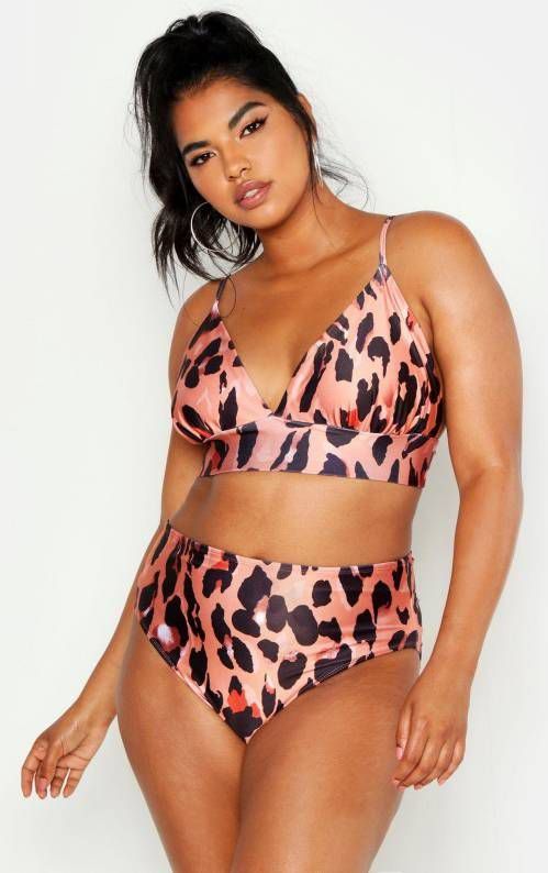 boohoo Plus Luipaardprint Bikini Broekje Met Hoge Pijpen, Bruin
