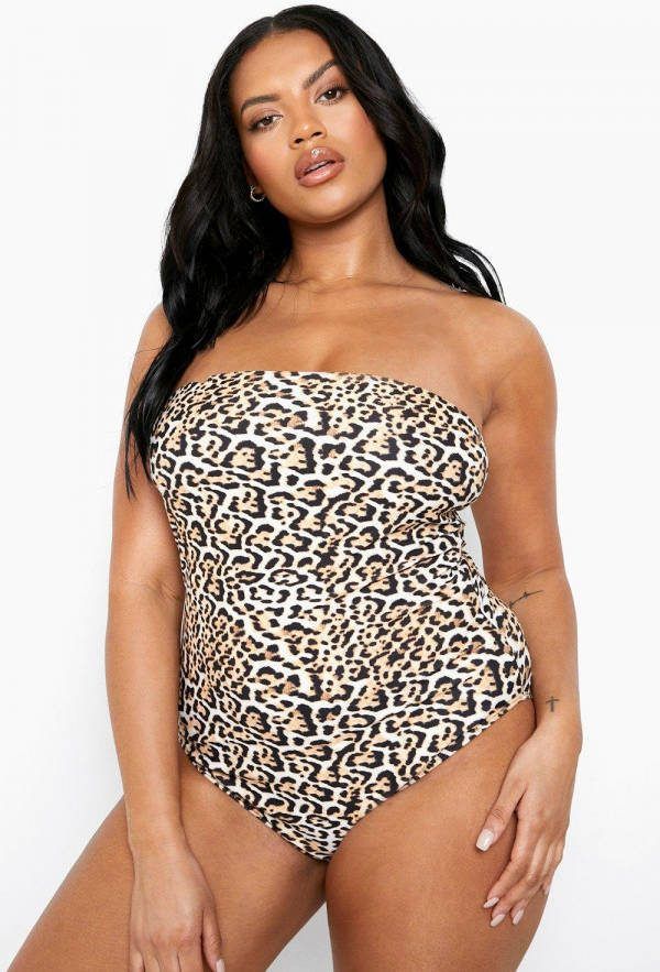 boohoo Plus Luipaardprint Essentials Bandeau Badpak, Brown