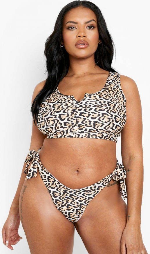 boohoo Plus Luipaardprint Essentials Bikini Broekje Met Zijstrikjes, Brown