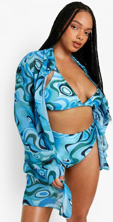 boohoo Plus Marmerprint Strand Blouse, Blue